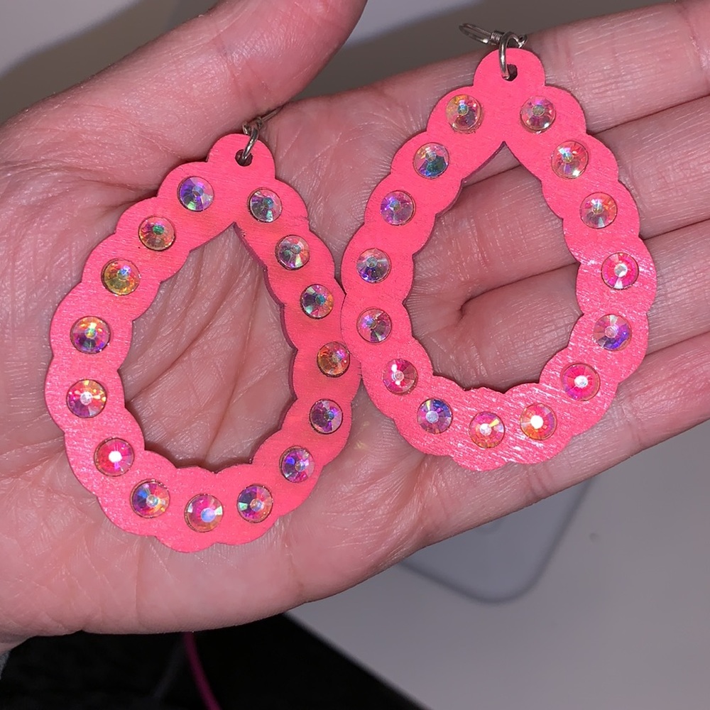 Hot Pink Wood Teardrop Earrings - Picture 7 of 7